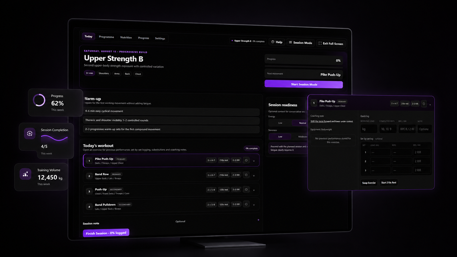 NOVACORE training dashboard with progress information