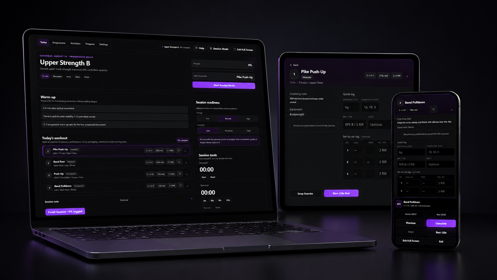 NOVACORE fitness platform across desktop, tablet and mobile