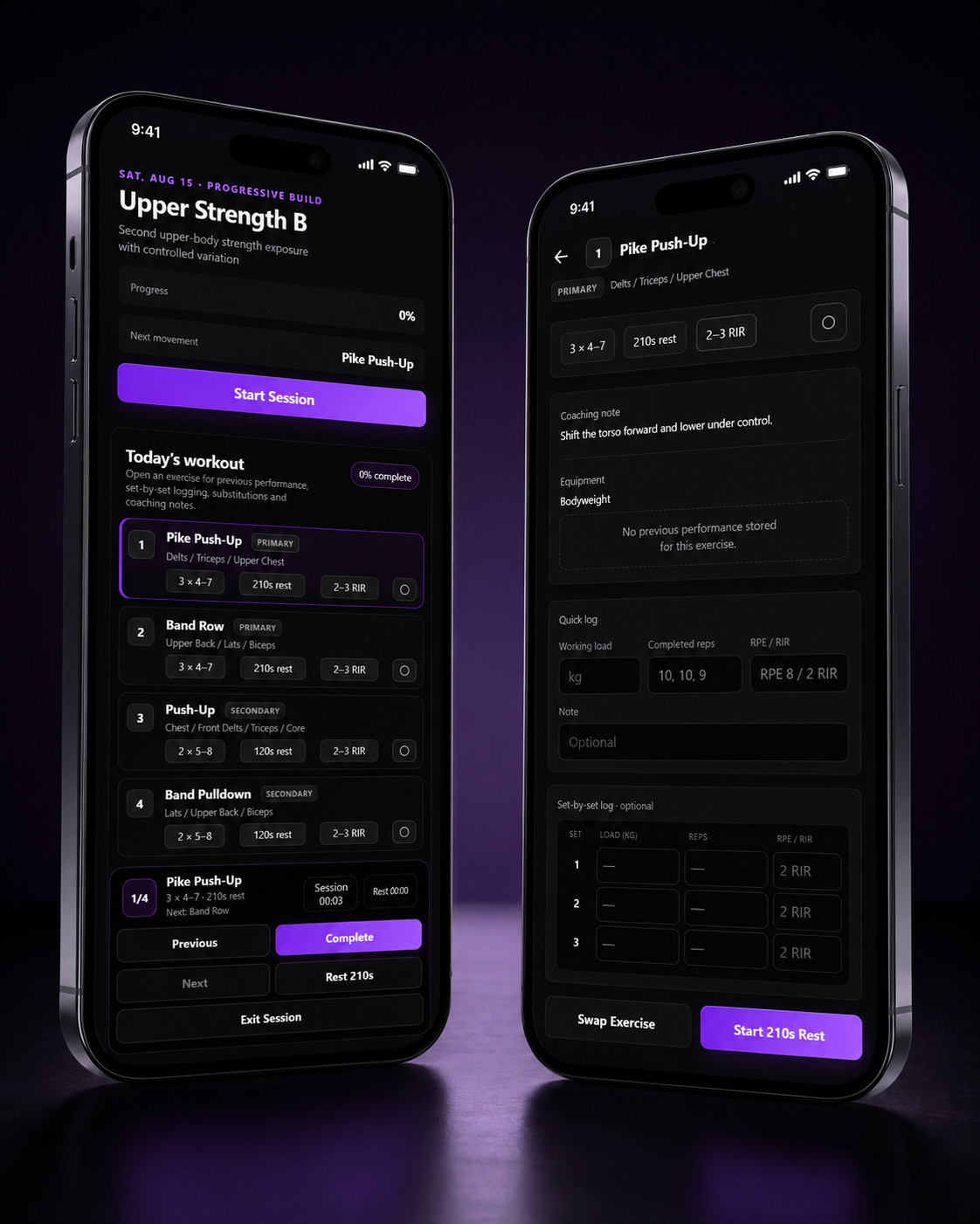 NOVACORE mobile workout session mode